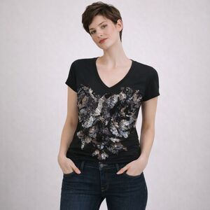 Y2K Express NWT Sequined Floral T shirt Women S Black Rockability Punk Goth